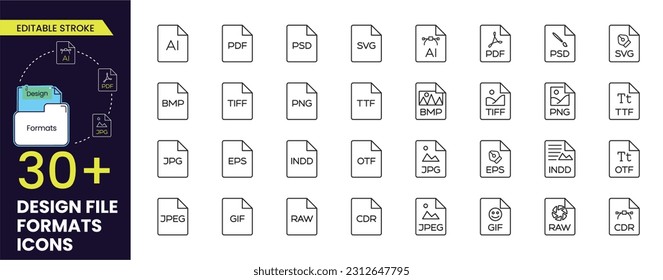 Design File Formats stroke Icons such as EPS, AI, PDF, RAW, JPG, SVG, PNG, TXT, TIFF, CDR, SVG, INDD, TTF, GIF, BPM, EPS. File type vector line stroke icons collections. svg