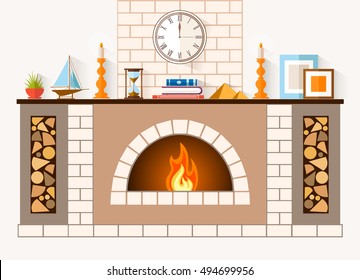 The design of the fireplace. Room with a large brick fireplace with chimney, mantel decorations and souvenirs. Vector illustration.