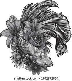 design of fish betta splendens with flowers vector illustration