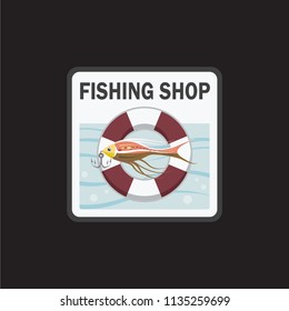 The design of fishing shop symbol in black and white frame.