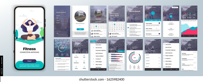Design of the Fitness Application, UI, UX. Set of GUI Screens with Login and Password input, and Screens Showing Physical Activity, Health Infographics and Exercise Indicators. 