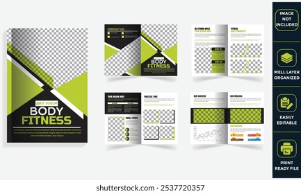  Design a fitness or gym brochure catalog template. Focus on fitness, sports action, training, workout, and gym activities, using green and black shapes for a visually appealing layout.