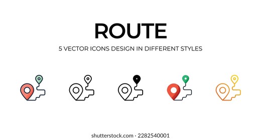 Route�Icon Design in Five style with Editable Stroke. Line, Solid, Flat Line, Duo Tone Color, and Color Gradient Line. Suitable for Web Page, Mobile App, UI, UX and GUI design.