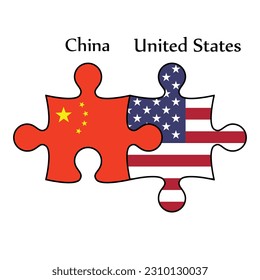 Diseñar los países de la bandera en el rompecabezas. Concepto China y Estados Unidos el país del nacimiento como un buen contacto, negocios, viajes, transporte y tecnología.