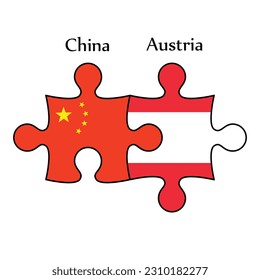 Diseñar los países de la bandera en el rompecabezas. Concepto de China y Austria como el país del nacimiento un buen contacto, negocios, viajes, transporte y tecnología.