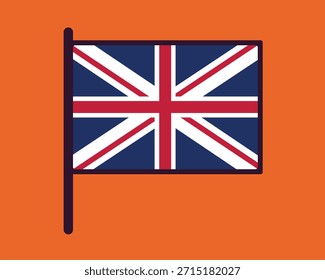 Desenho de uma bandeira com as cores vermelha, branca e azul sobre um fundo laranja mostrando uma representação simples de um símbolo nacional