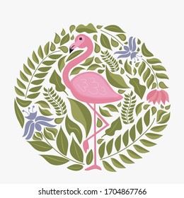 Design of a Flamingo greeting card. Vector illustration of a pink Flamingo in green leaves and flowers. Concept for postcards, t-shirts