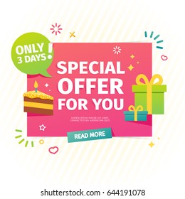 Design of a flat banner for birthday individual special offer. A sale card for online shopping with a decor of gifts and piece of cake. Vector