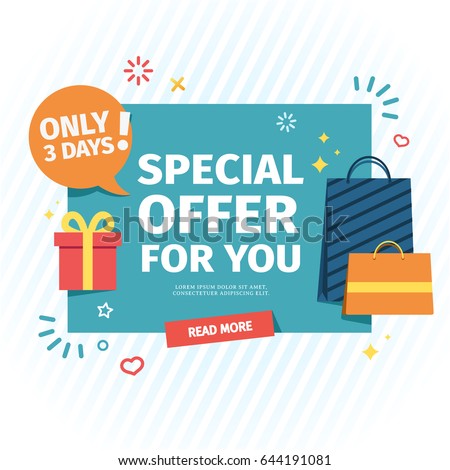 Design of a flat banner for an individual special offer. A sale card for online shopping with a decor of gifts and shopping bags. Vector