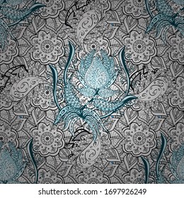 Design. Flat doodles. Cute fabric pattern. Vector illustration. Seamless Print. Elements white, black and blue on colors.