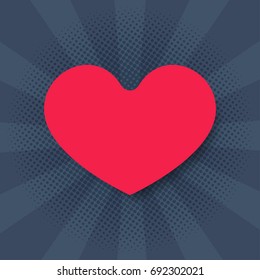 Design of flat heart vector on Valentine's day. Big red heart illustration on sun rays background.