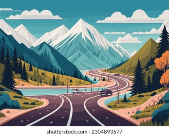 Design a flat illustration of a car driving through villages and river