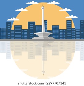 Design a flat Monas, a landmark and icon of Jakarta city, Indonesia. The monument is built to commemorate the struggle and fight of the Indonesian people in securing independence from Dutch colonizati