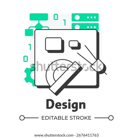 Design flat outline concept icon. Data management, organization. Database, servers. Workflow structure, work. Modern line illustration with green glyphs. Conceptual visual. Easy to edit