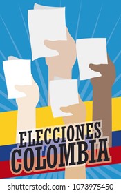 Design in flat style with crowd of people making their vote in Colombian Elections event (written in Spanish).