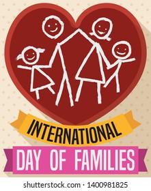 Design in flat style with cute doodle drawing inside a giant heart of a happy family with mom, dad and children, decorated with ribbons celebrating International Day of Families.