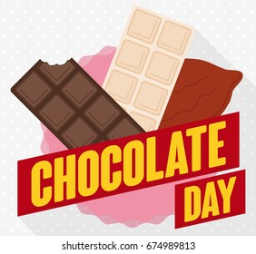 Design in flat style with a dark and white chocolate bars next to cocoa bean with greeting ribbons to celebrate Chocolate Day.
