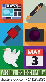 Design in flat style and long shadow with newspaper, pen, microphone, camera, dove and calendar to commemorate World Press Freedom Day in May 3.