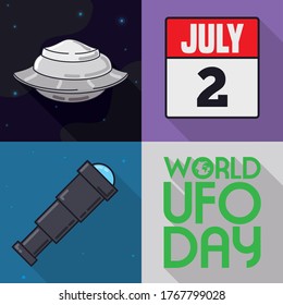 
Design in flat style and long shadow promoting World UFO Day with distinctive elements for sightings: telescope, spaceship in the outer space and calendar reminding this special date in July 2.