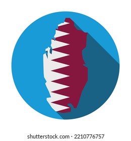 Design in flat style and long shadow, with blue button and Qatar map decorated with its flag.