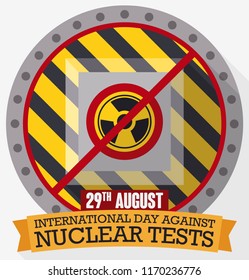 Design in flat style with nuclear button inside warning door closed to prevent start atomic tests, with greeting ribbons for the International Day Against Nuclear Tests.