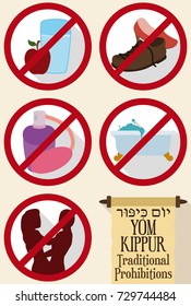 Design in flat style with prohibitions in forbidden signals and scroll for Yom Kippur (written in Hebrew): no eat and drink, no bath, no use perfumes, no wear leather shoes and don't have sex.