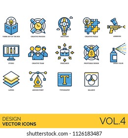 Design flat vector icons. Think out of the box, creative process, discovery, puzzle, airbrush, studio, team, freelance, profitable, spray color, layers, anchor point, typography, balance.