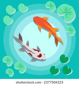 Design Flat Vector Koi Fish in Pond Illustration
