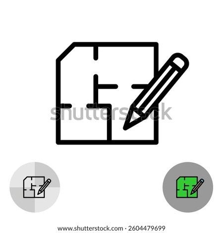 Design of the floor plan icon with pencil and building drawing scheme. Develop a room layout design symbol. Editable stroke.