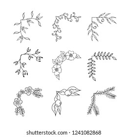 Design floral corners and flower borders. Flourish text decoration elements. Elegant Ink frames.