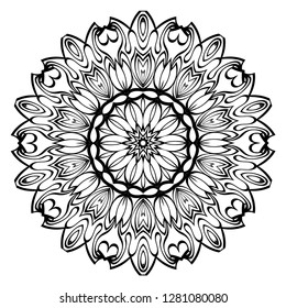 Design With Floral Mandala Ornament. Vector Illustration. For Coloring Book, Greeting Card, Invitation, Tattoo. Anti-Stress Therapy Pattern. Black and white.