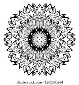Design With Floral Mandala Ornament. Vector Illustration. For Coloring Book, Greeting Card, Invitation, Tattoo. Anti-Stress Therapy Pattern. Black and white.