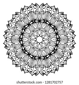 Design With Floral Mandala Ornament. Vector Illustration. For Coloring Book, Greeting Card, Invitation, Tattoo. Anti-Stress Therapy Pattern. Black and white.