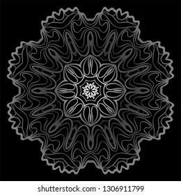 Design With Floral Mandala Ornament. Vector Illustration. Oriental Pattern. Indian, Moroccan, Mystic, Ottoman Motifs. Anti-Stress Therapy Pattern. Black, silver color.