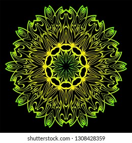 Design With Floral Mandala Ornament. Vector Illustration. For Coloring Book, Greeting Card, Invitation, Tattoo. Anti-Stress Therapy Pattern. Black, green color.