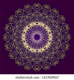 Design Floral Mandala Ornament. Vector Illustration. For Coloring Book, Greeting Card, Invitation, Tattoo. Anti-Stress Therapy Pattern. Luxury purple gold color.
