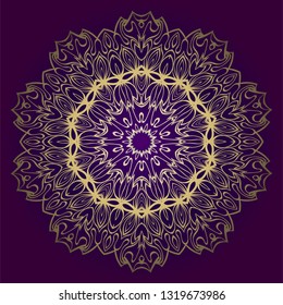 Design Floral Mandala Ornament. Vector Illustration. For Coloring Book, Greeting Card, Invitation, Tattoo. Anti-Stress Therapy Pattern. Luxury purple gold color.