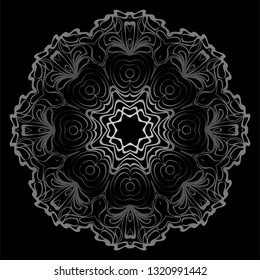 Design With Floral Mandala Ornament. Vector Illustration. Oriental Pattern. Indian, Moroccan, Mystic, Ottoman Motifs. Anti-Stress Therapy Pattern. Black, silver color.
