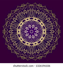 Design Floral Mandala Ornament. Vector Illustration. For Coloring Book, Greeting Card, Invitation, Tattoo. Anti-Stress Therapy Pattern. Luxury purple gold color.
