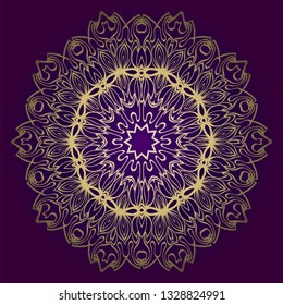 Design Floral Mandala Ornament. Vector Illustration. For Coloring Book, Greeting Card, Invitation, Tattoo. Anti-Stress Therapy Pattern. Luxury purple gold color.