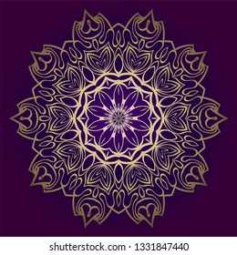 Design Floral Mandala Ornament. Vector Illustration. For Coloring Book, Greeting Card, Invitation, Tattoo. Anti-Stress Therapy Pattern. Luxury purple gold color.