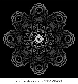 Design With Floral Mandala Ornament. Vector Illustration. Oriental Pattern. Indian, Moroccan, Mystic, Ottoman Motifs. Anti-Stress Therapy Pattern. Black, silver color.
