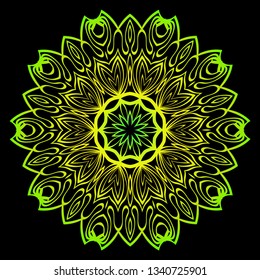 Design With Floral Mandala Ornament. Vector Illustration. For Coloring Book, Greeting Card, Invitation, Tattoo. Anti-Stress Therapy Pattern. Black, green color.