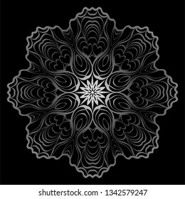 Design With Floral Mandala Ornament. Vector Illustration. Oriental Pattern. Indian, Moroccan, Mystic, Ottoman Motifs. Anti-Stress Therapy Pattern. Black, silver color.