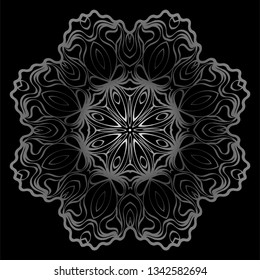 Design With Floral Mandala Ornament. Vector Illustration. Oriental Pattern. Indian, Moroccan, Mystic, Ottoman Motifs. Anti-Stress Therapy Pattern. Black, silver color.