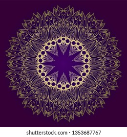 Design Floral Mandala Ornament. Vector Illustration. For Coloring Book, Greeting Card, Invitation, Tattoo. Anti-Stress Therapy Pattern. Luxury purple gold color.