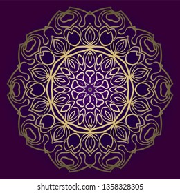 Design Floral Mandala Ornament. Vector Illustration. For Coloring Book, Greeting Card, Invitation, Tattoo. Anti-Stress Therapy Pattern. Luxury purple gold color.