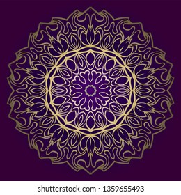 Design Floral Mandala Ornament. Vector Illustration. For Coloring Book, Greeting Card, Invitation, Tattoo. Anti-Stress Therapy Pattern. Luxury purple gold color.