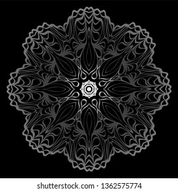 Design With Floral Mandala Ornament. Vector Illustration. Oriental Pattern. Indian, Moroccan, Mystic, Ottoman Motifs. Anti-Stress Therapy Pattern. Black, silver color.
