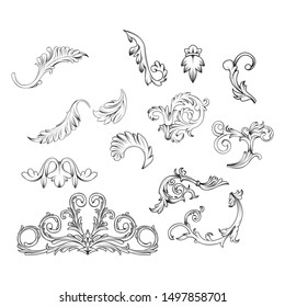 Design floral vector pack, Hand Drawn vintage floral elements. Swirls, laurels, frames, arrows, leaves, feathers, dividers, branches, banners and curls.